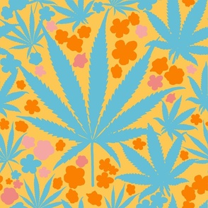Heart California Retro Tropical Turquoise Blue Cannabis Leaf And Flowers Modern Ditzy Hippy 90’s Beach Floral Botanical Peach Pink, Orange And Palm Desert Yellow Surf Skate Street Style Summer Repeat Pattern