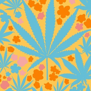 Heart California Big Retro Tropical Turquoise Blue Cannabis Leaf And Flowers Modern Ditzy Hippy 90’s Beach Floral Botanical Peach Pink, Orange And Palm Desert Yellow Surf Skate Street Style Summer Repeat Pattern