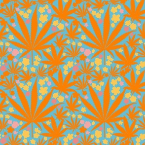 Heart California Retro Tropical Mini Tangerine Orange And Yellow Cannabis Leaf And Flowers Modern Ditzy Hippy 90’s Beach Floral Botanical Pink And Turquoise Blue Palm Springs Surf Skate Street Style Summer Repeat Pattern