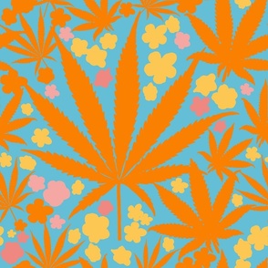 Heart California Retro Tropical Tangerine Orange And Yellow Cannabis Leaf And Flowers Modern Ditzy Hippy 90’s Beach Floral Botanical Pink And Turquoise Blue Palm Springs Surf Skate Street Style Summer Repeat Pattern