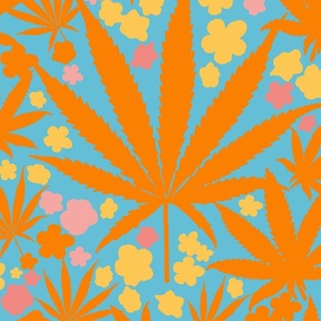 Heart California Retro Tropical Big Tangerine Orange And Yellow Cannabis Leaf And Flowers Modern Ditzy Hippy 90’s Beach Floral Botanical Pink And Turquoise Blue Palm Springs Surf Skate Street Style Summer Repeat Pattern