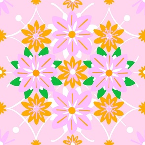 Granny Wallpaper Dutch Pink And Orange Garden Flowers Argyle Quilt Tile Floral Diamonds Pastel Retro Modern Mid-Century Grandmillennial Scandi Cottagecore With Peach, Green And White Pattern