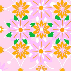 Granny Wallpaper Dutch Big Pink And Orange Garden Flowers Argyle Quilt Tile Floral Diamonds Pastel Retro Modern Mid-Century Grandmillennial Scandi Cottagecore With Peach, Green And White Pattern
