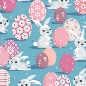 Easter bunnies on a light blue background