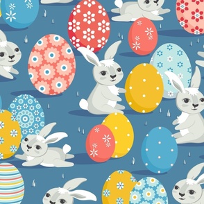 Easter bunnies on blue background