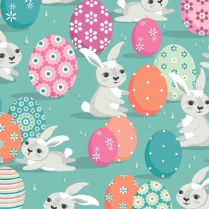 Easter bunnies on emerald background