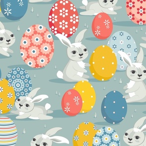 Easter bunnies on a gray-blue background