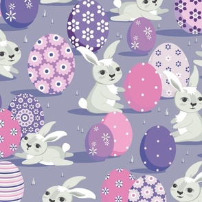 Easter bunnies on a light purple background