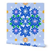 Granny Wallpaper Dutch Baby Blue Big Floral Diamonds Pastel Retro Modern Mid-Century Grandmillennial Scandi Cottagecore With Orange, Green White And Sapphire Blue Accents Repeat Vertical Pattern