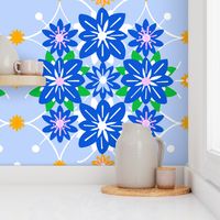 Granny Wallpaper Dutch Baby Blue Big Floral Diamonds Pastel Retro Modern Mid-Century Grandmillennial Scandi Cottagecore With Orange, Green White And Sapphire Blue Accents Repeat Vertical Pattern