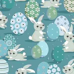 Easter bunnies on a dark turquoise background