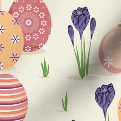 Painted eggs and crocuses on a beige background
