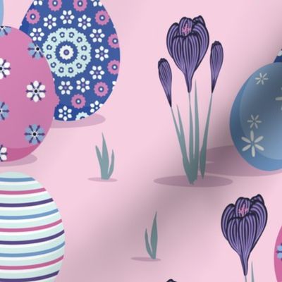 Painted eggs and crocuses on a pink background