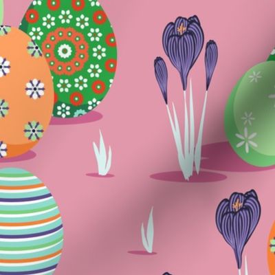 Painted eggs and crocuses on a dark pink background
