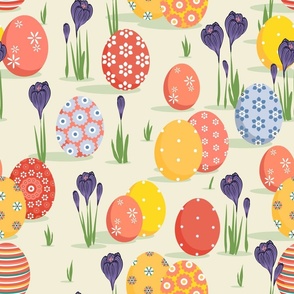 Painted eggs and crocuses on a light yellow background