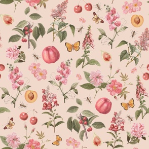 Red romantic flowers vintage botanical fruits apple and peaches