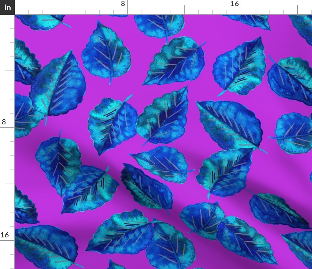 Electric Blue Leaves-Purple Background