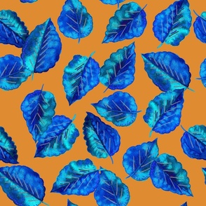 Electric Blue Leaves-Orange Background