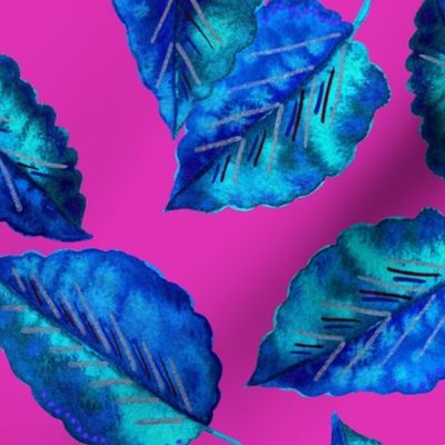 Electric Blue Leaves-Pink Background