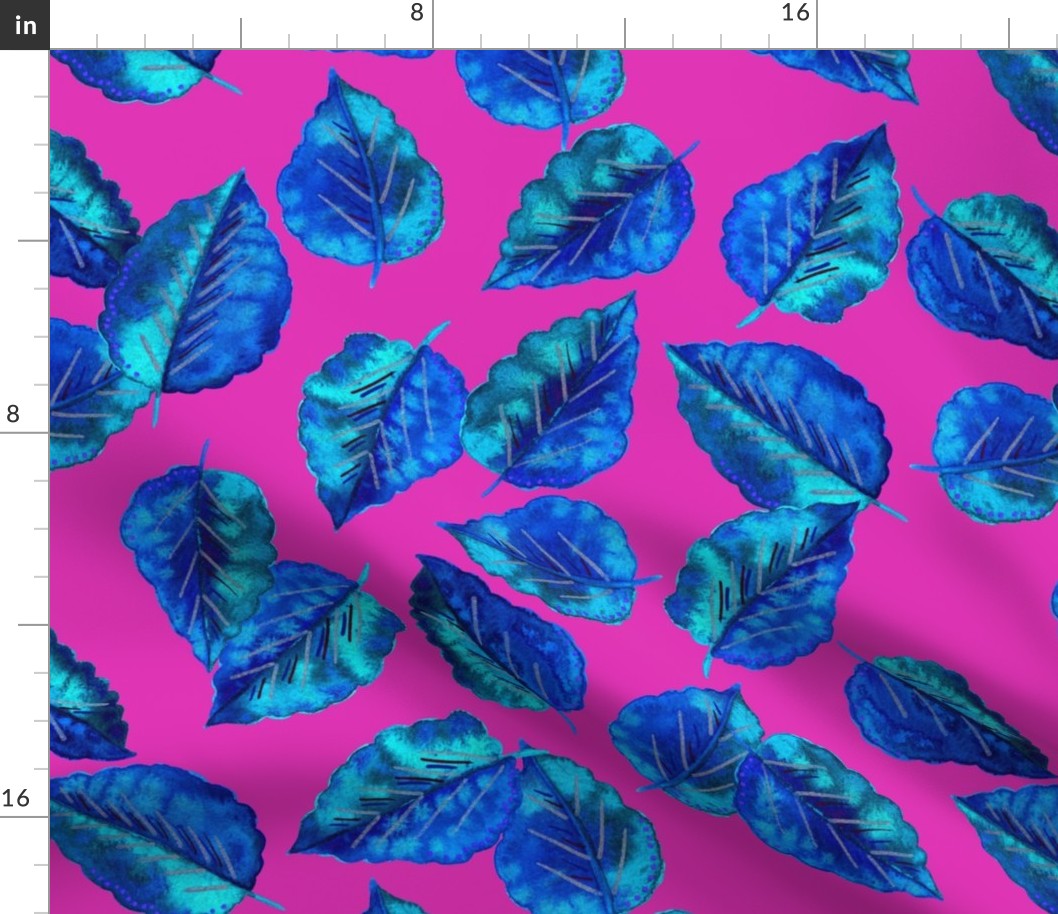 Electric Blue Leaves-Pink Background