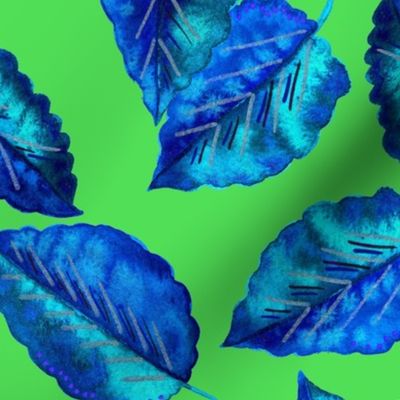 Electric Blue Leaves-Green Background