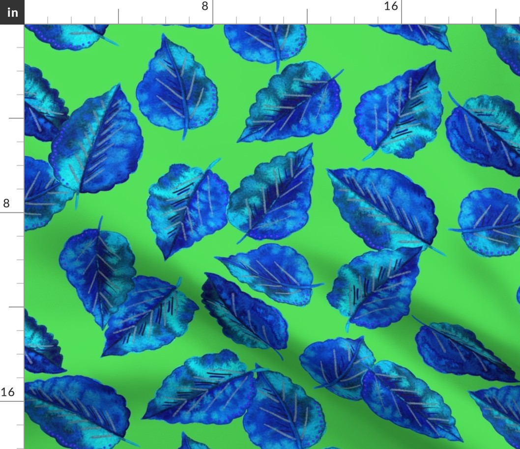 Electric Blue Leaves-Green Background