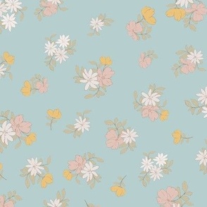 (M) Ditsy Flowers - Colorful Spring Blooms with brown border on turquoise Background 