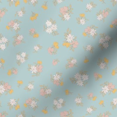 (S) Ditsy Flowers - Colorful Spring Blooms with brown border on turquoise Background 