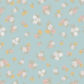 (S) Ditsy Flowers - Colorful Spring Blooms with brown border on turquoise Background 