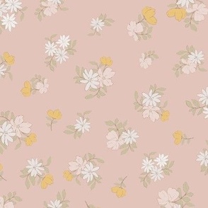 (M) Ditsy Flowers - Colorful Spring Blooms with brown border on dusty rose Background