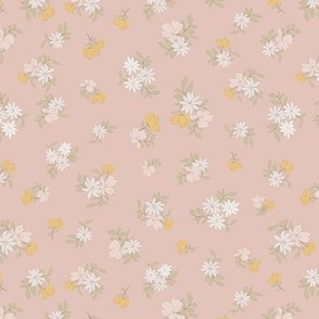 (S) Ditsy Flowers - Colorful Spring Blooms with brown border on dusty rose Background