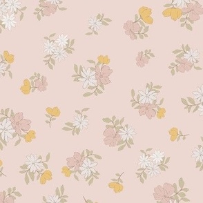 (M) Ditsy Flowers - Colorful Spring Blooms with brown border on antique pink Background