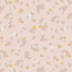 (S) Ditsy Flowers - Colorful Spring Blooms with brown border on antique pink Background