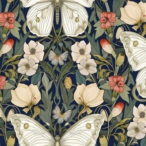 William Morris butterfly white green with pink flowers