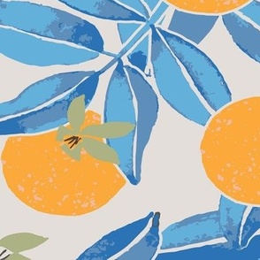 Summertime Aesthetic watercolor orange fruits blue leaves large scale
