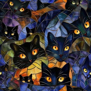 Stained Glass Watercolor Black Halloween Cats