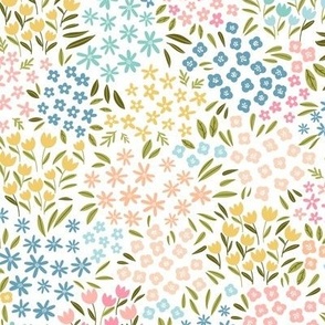 Small Sping Pastel Flowers for Kids' Apparel in blue, pink and yellow on white