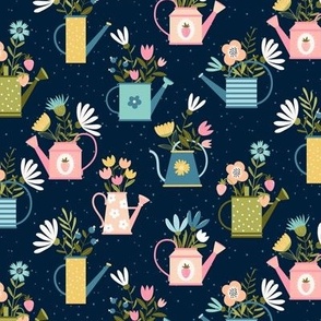  Bright Watering Cans and Wildflowers on midnight blue| Small