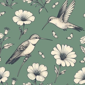 Hummingbirds And Blossoms Green