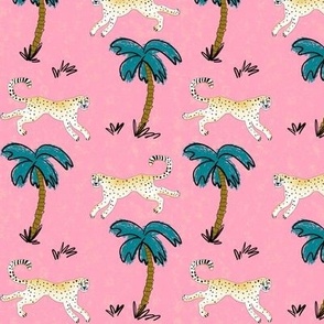 Whimsical Cheetahs Frolicking Through Palm Trees on Pink Background
