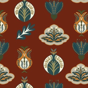 Eastern motifs on deep red background