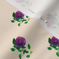 Ditsy Hand Painted Watercolor Little Purple Pansy on Cream, S
