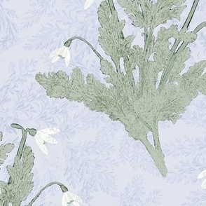 Snowdrops and Corydalis on Pale Dusty Blue and Lacy Foliage Texture