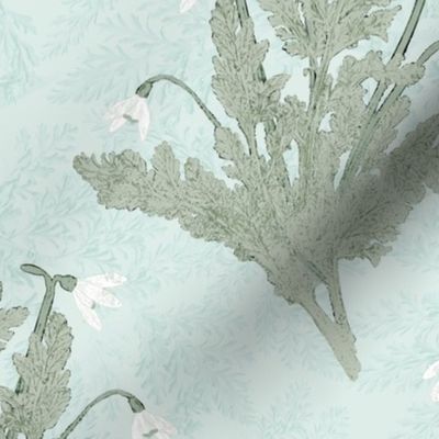 Snowdrops and Corydalis on Light Sea Glass and Lacy Foliage Texture