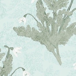 Snowdrops and Corydalis on Light Sea Glass and Lacy Foliage Texture