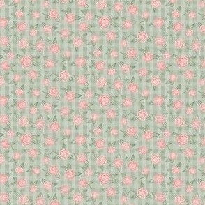Lots of tiny pink roses on green plaid small scale