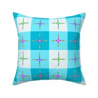 Colorful Crosses on Blue and White Gingham