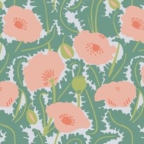 pink poppies with scrolling leaves