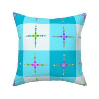 Multicolored Crosses on Blue and White Gingham - 5 1/4“ squares approximately 