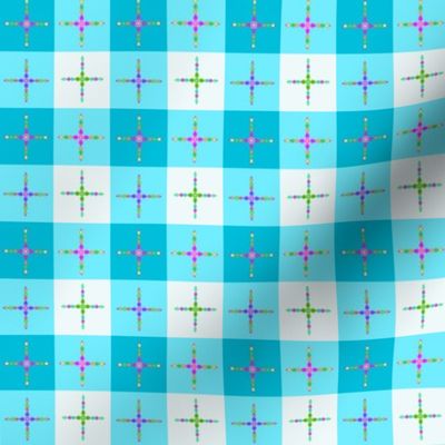 Crosses on Blue and White Gingham - Colorful Hand-drawn Crosses on Blue and White Gingham - 1 inch scale approximately for each square